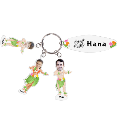 3 Names - Personalised Hawaiian Style Keyring With 3 Photo,3 Name and Text, Gift For Family