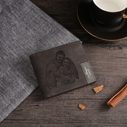 Deep Brown Personalised Leather Wallet Engraved Photo Short Purse Gifts For Men