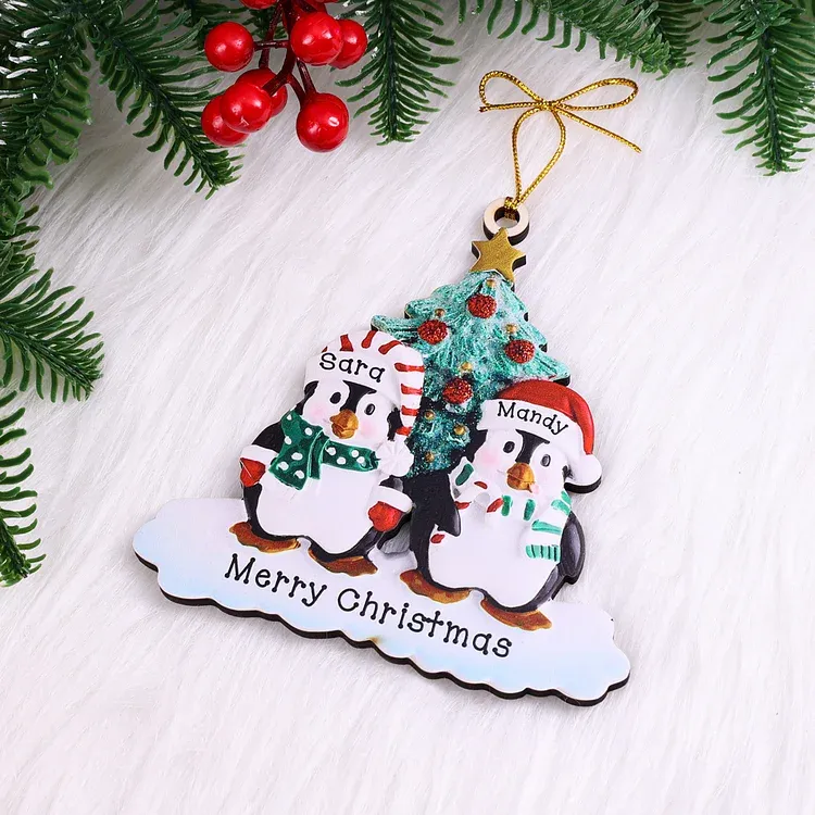 9 Names-Personalized Family Wooden Christmas Ornament-Custom 9 Names Hanging Ornament Gifts For Family-Winter Penguin Family