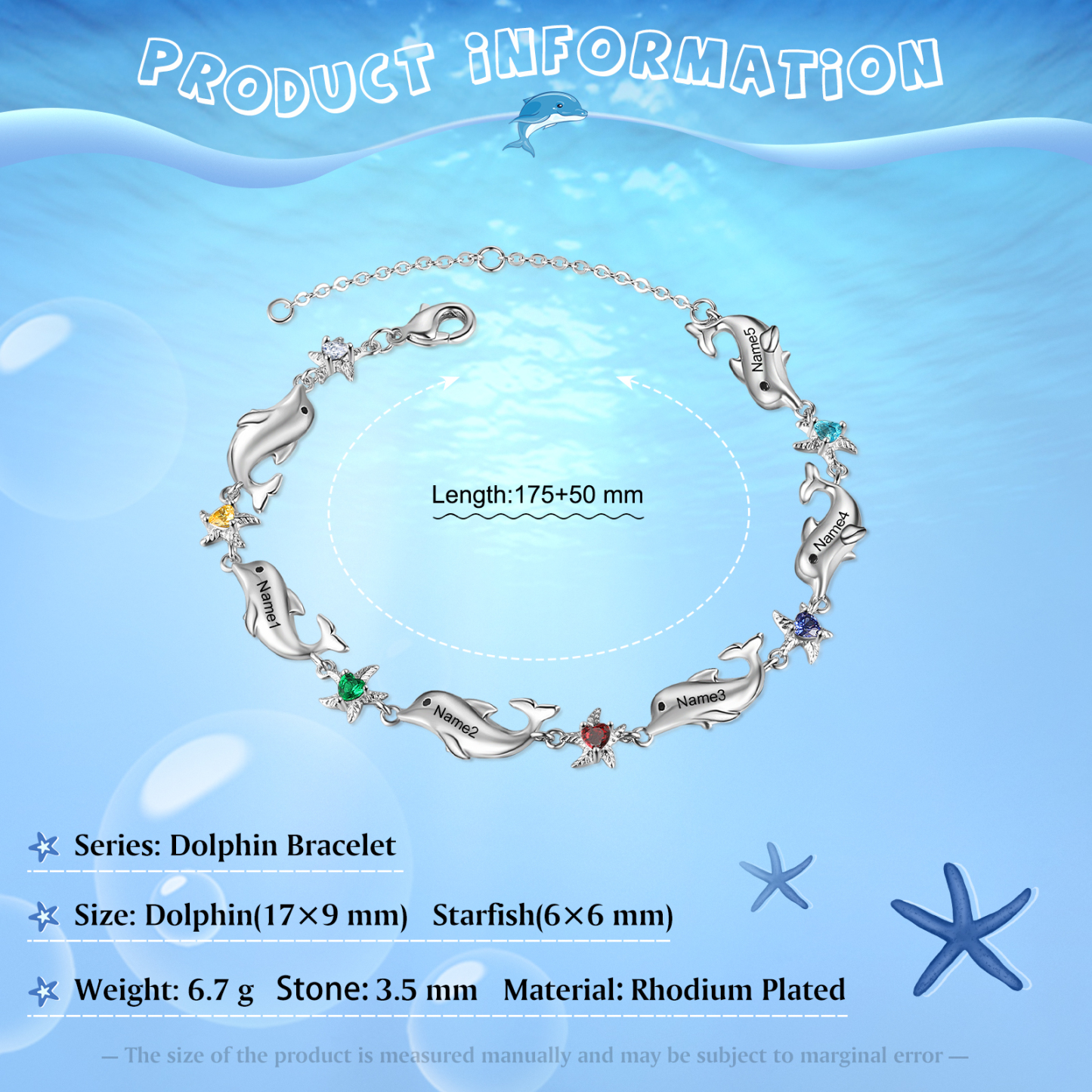 Animal Bracelet Personalized Dolphin Bracelet With 5 Birthstones Engraved Names Starfish Charm Gifts For Her