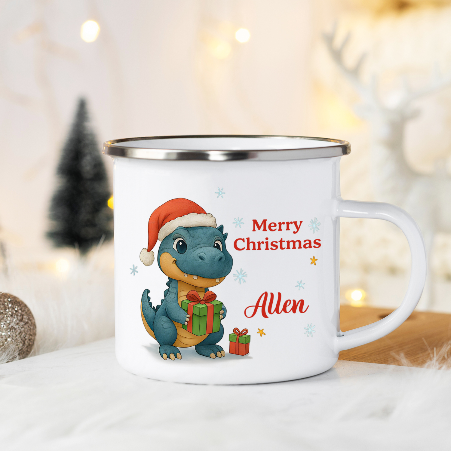 Personalised Christmas Enamel Mug with Animal Images