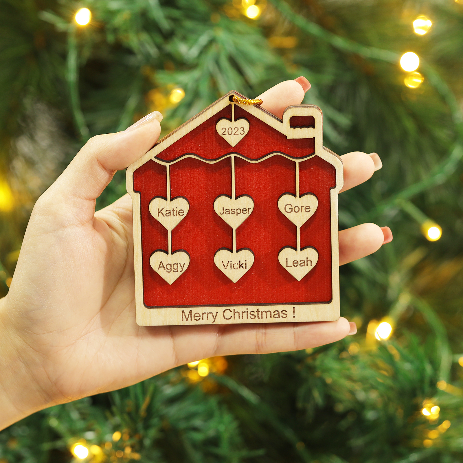 6 Names-Personalised Family Wooden Christmas Xmas Tree Decoration Ornament-Custom 6 Names And Year Hanging Ornament Gifts For Family