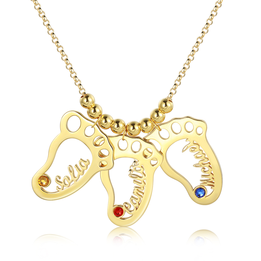 Personalised Baby Foot Necklace With 3 Birthstones Engraved Names Gift For Mother