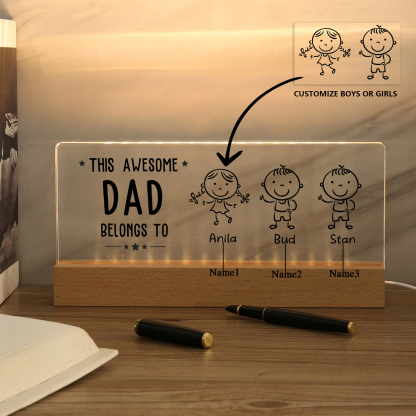 3 Names & Doll Gender - Personalised Lamp -This Awesome Dad  Belongs To - Father's Day Gift for Dad