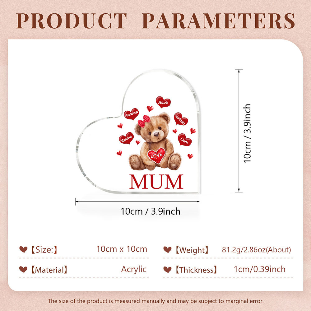 5 Names-Personalised Mum Acrylic Heart Keepsake Custom Text Love Teddy Bear Ornaments Gifts Set With Gift Box for Grandma/Mother