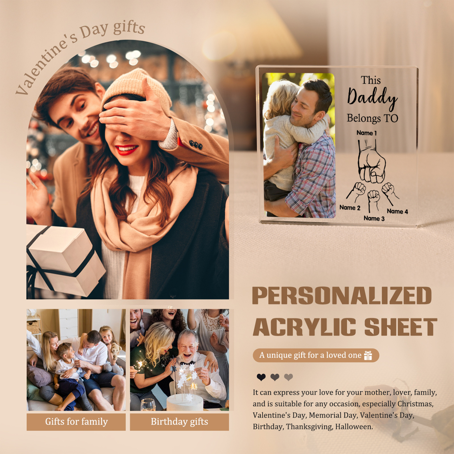 4 Names-Personalised Dad Photo Fist Acrylic Keepsake-Custom Text, Photo, and Names-Acrylic Plaque Home Decoration Gift for Dad/Grandad