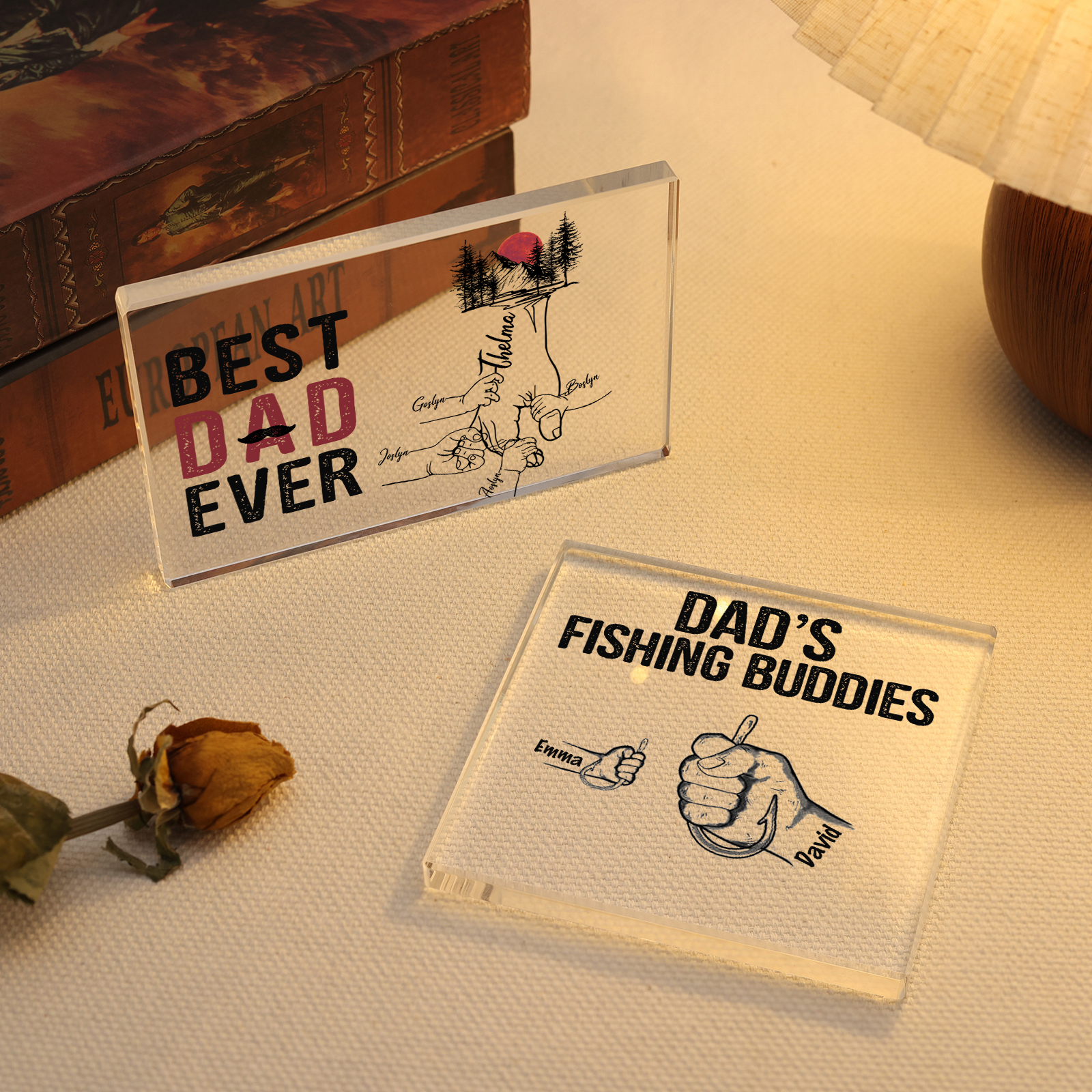 2 Names - Personalised Fishhook Fist Bump Pattern Family Acrylic Keepsake Customized Name Acrylic Home Decor Gift for Dad