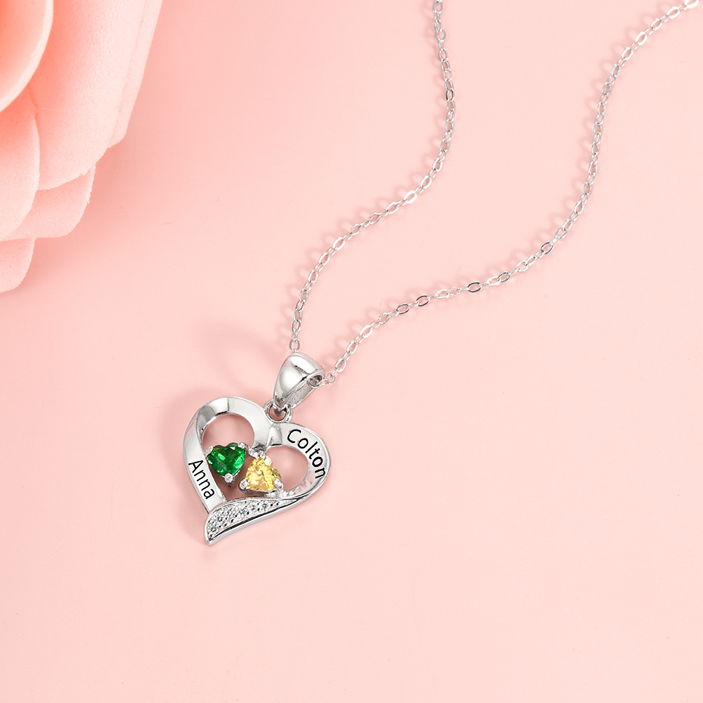 Personalised Heart Necklace With Names Custom 2 Birthstones Gifts For Women
