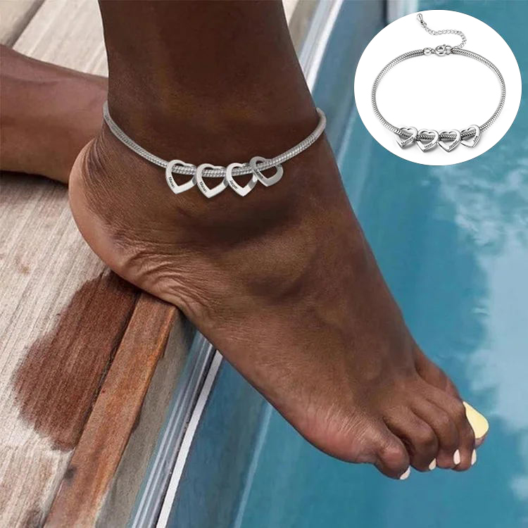 Jessemade Adjustable Personalized Anklet For Women, Silver, 4 Heart Charms With Gift Box, A Wonderful Gift For Her.