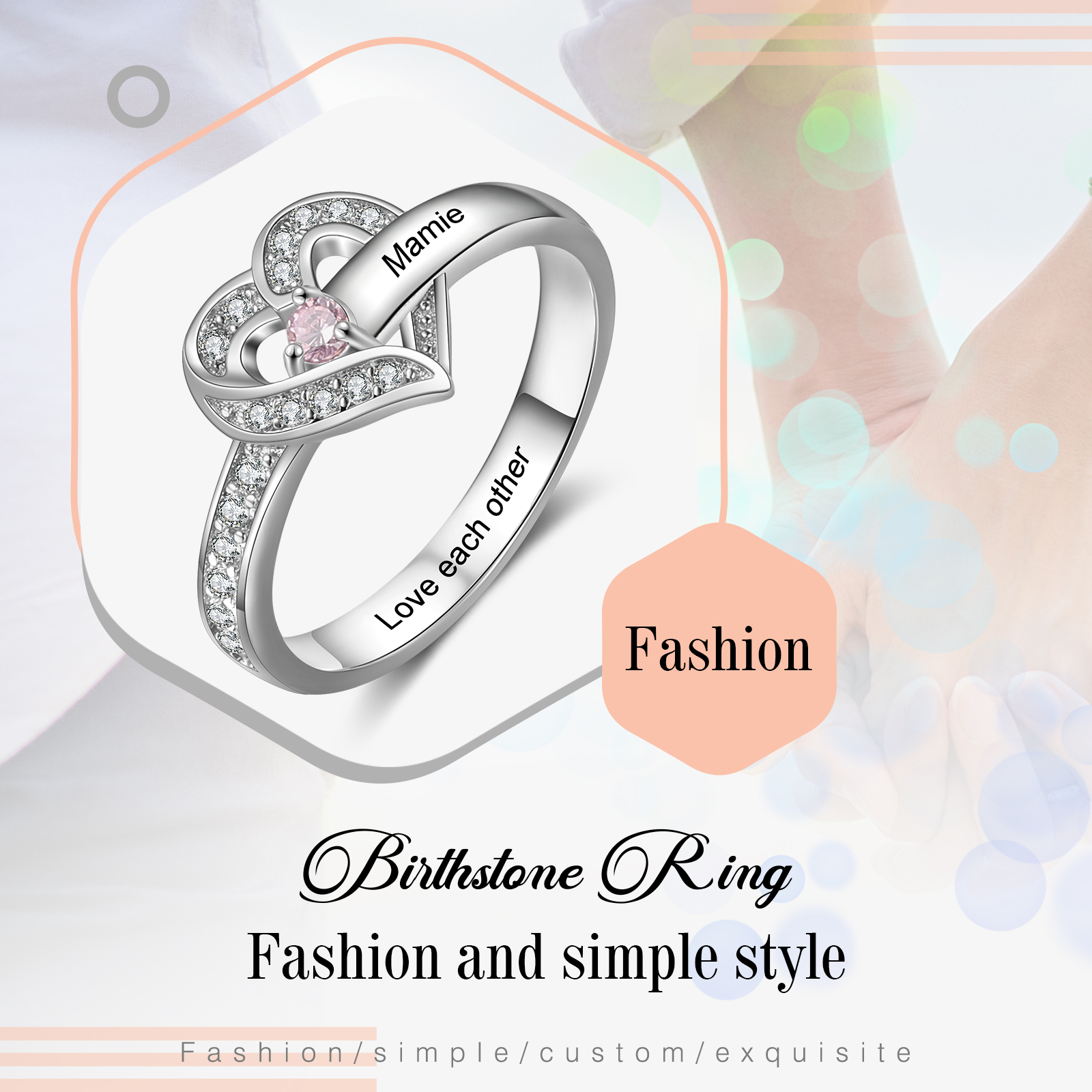 Personalised Heart Ring With 1 Ruby Stone Engraved Names Ring Gift For Women