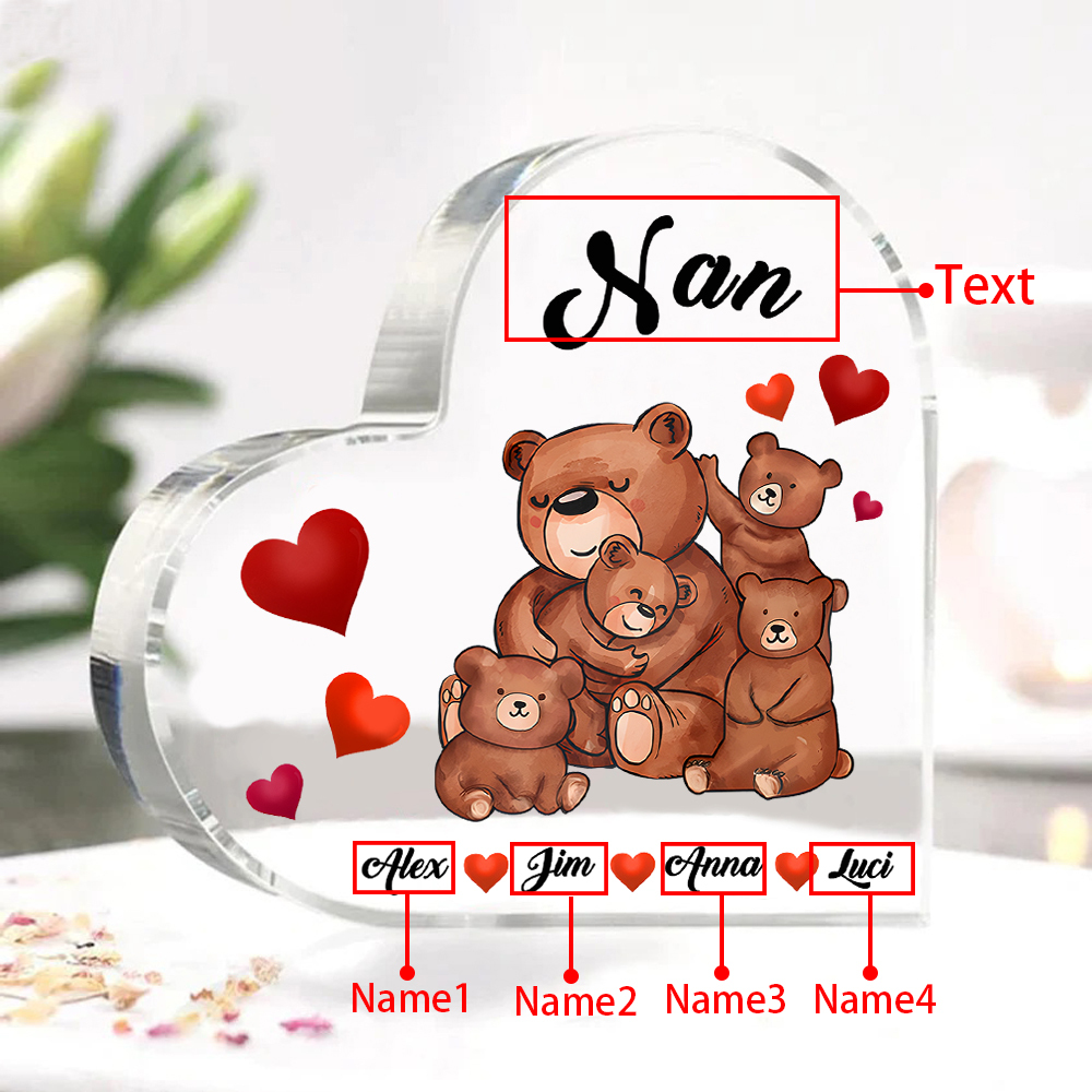 Personalised Heart-Shaped Acrylic Plaque Customizable with 4 Names and Text with Bear Design -  For Nan | Jessmade