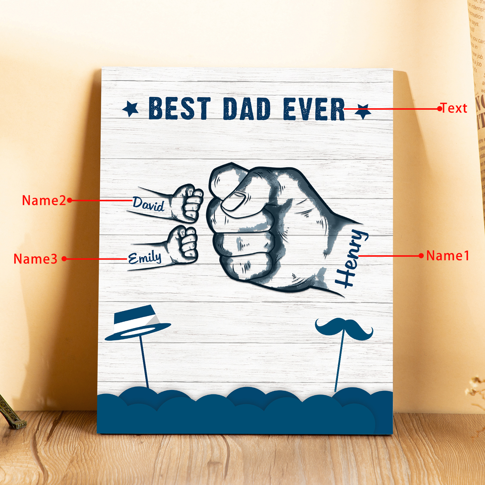 3 Names - Personalised Wooden Ornament Fist Bump Style Engraved Name and Text Ornament for Dad