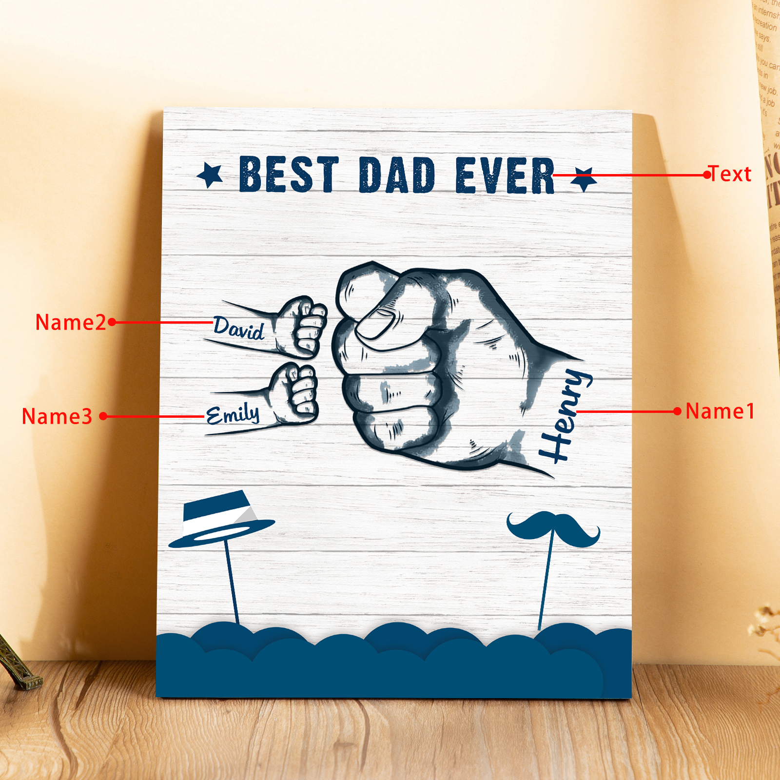 3 Names - Personalised Wooden Ornament Fist Bump Style Engraved Name and Text Ornament for Dad
