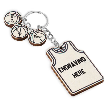 Personalised Text and 3 Names Wooden Basketball Keyring For Dad