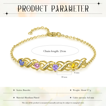 Personalised Bracelet With 4 Heart Birthstones Engraved Names Bracelet Gift For Women