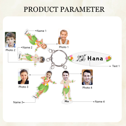 4 Names - Personalised Hawaiian Style Keyring With 4 Photo,4 Name and Text, Gift For Family