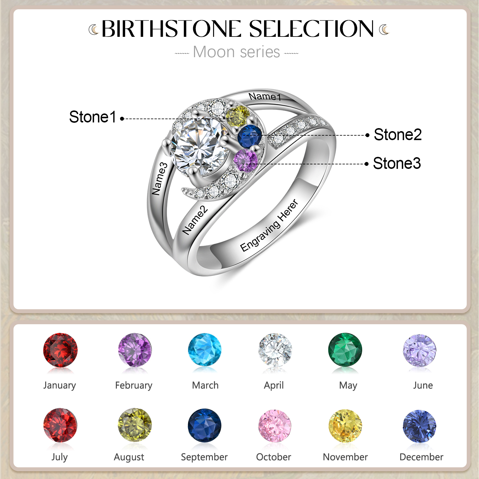 Personalised Moon Star Ring With 3 Birthstones Custom Names Best Gift For Women