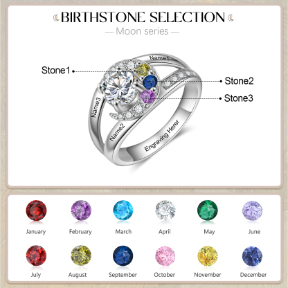 Personalised Moon Star Ring With 3 Birthstones Custom Names Best Gift For Women