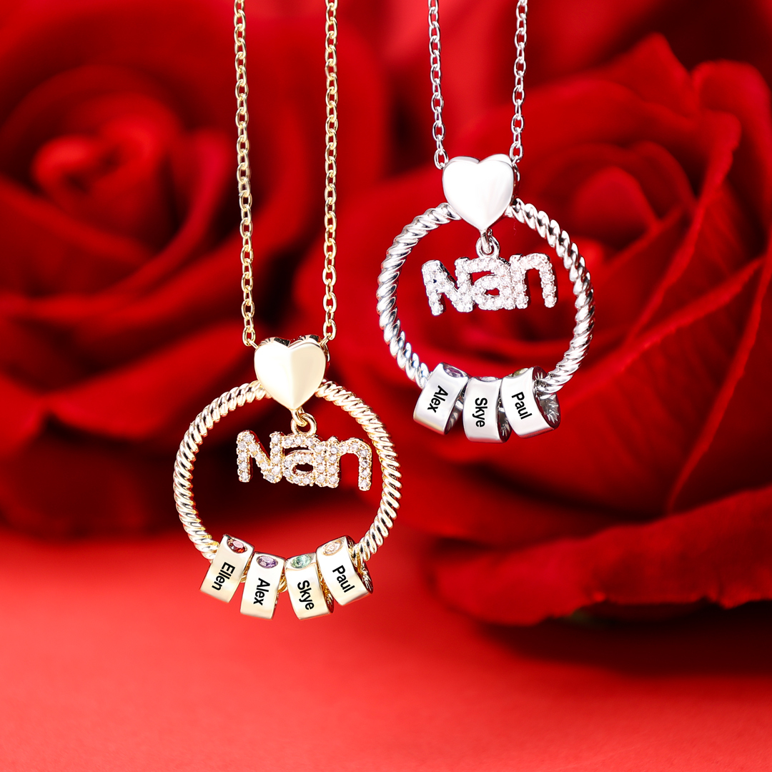 Personalised 1-8 Names Nan Circle Necklace With Birthstones Pendant Engraved Names Gift For Nan | Jessemade