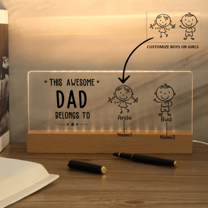 2 Names & Doll Gender - Personalised Lamp -This Awesome Dad  Belongs To - Father's Day Gift for Dad