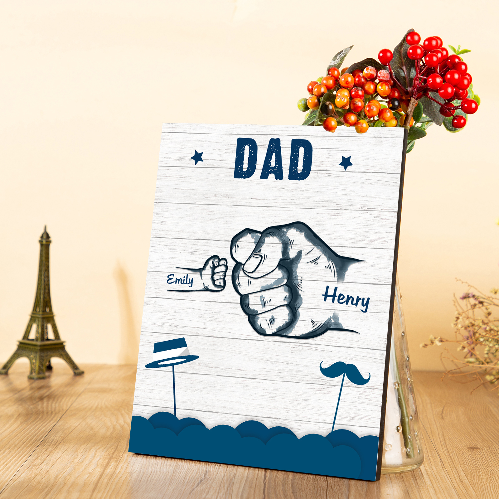 2 Names - Personalised Wooden Ornament Fist Bump Style Engraved Name and Text Ornament for Dad