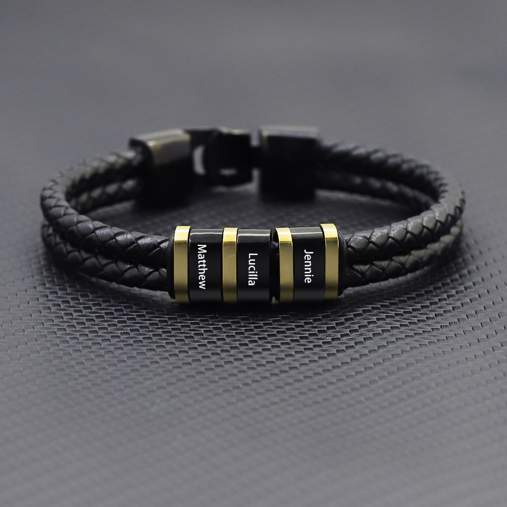 Personalised Braided Leather Bracelet Engraved 3 Names Men's Bracelet Gifts For Him | Jessemade
