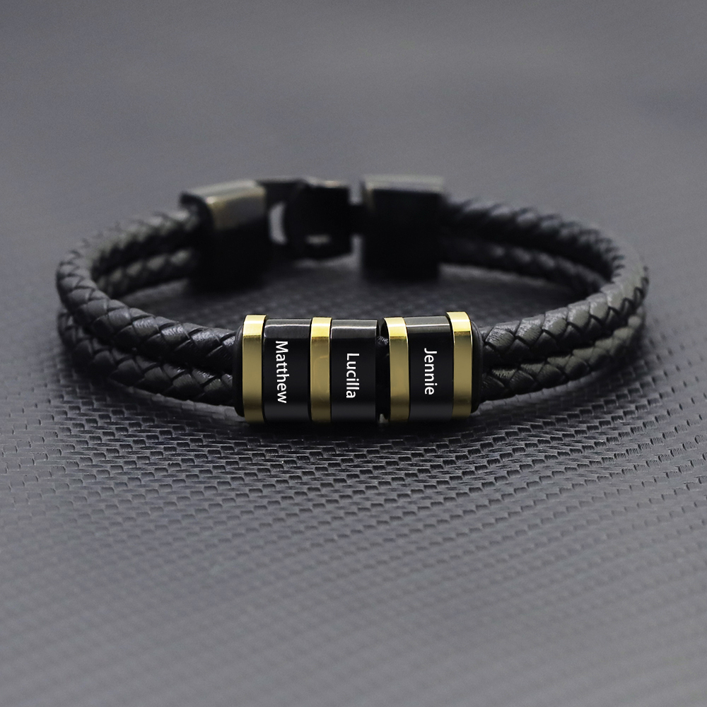 Personalized Braided Leather Bracelet Engraved 3 Names Men's Bracelet Gifts For Him