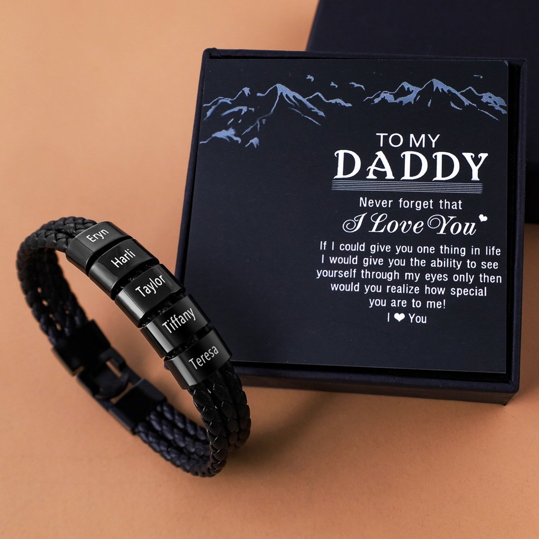 Personalised Braided Leather Bracelet Engraved 5 Names Men's Bracelet Gifts For Him