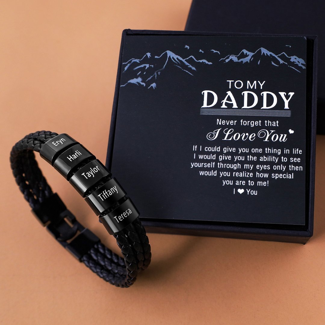 Personalised Braided Leather Bracelet Engraved 5 Names Men's Bracelet Gifts For Him