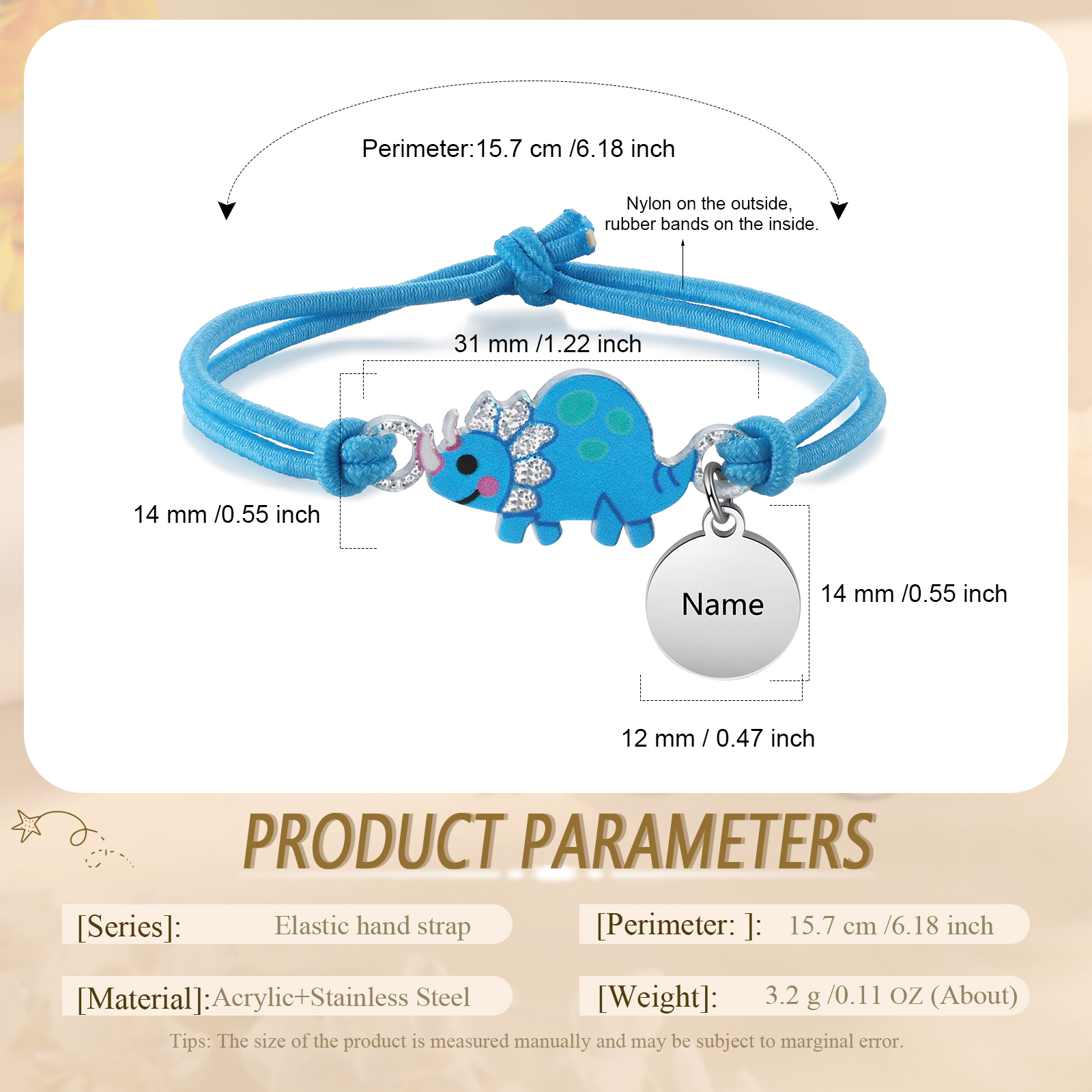 Personalised Name Cute Dinosaur Style Elastic Cord Rubber Rope Bracelet, As A Back To School Gift For Children