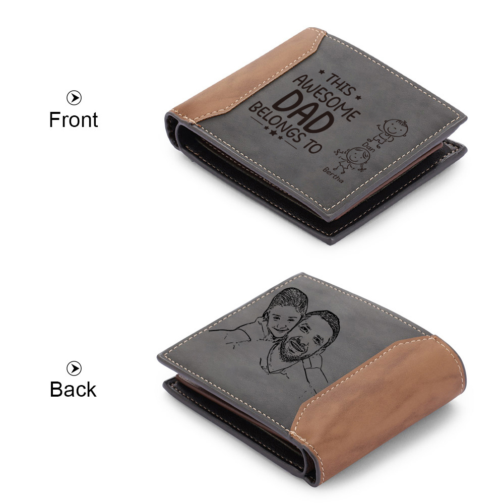 2 Names-Personalised Doll Customized Leather Men's Wallet Customized Name Folding Grey Wallet for Dad