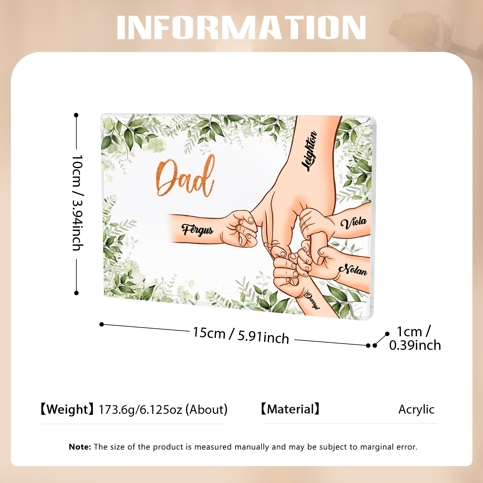 5 Names & 1 Text Personalised Acrylic Plaque for Dad - Custom Holding Hands Style | Jessemade