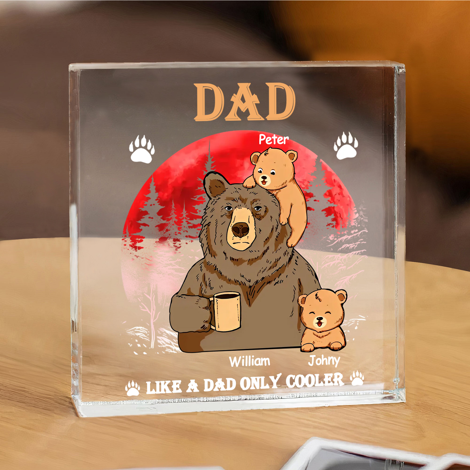 3 Names - Personalised Bear Family Pattern Custom Name Acrylic Square Ornament Father's Day Gift