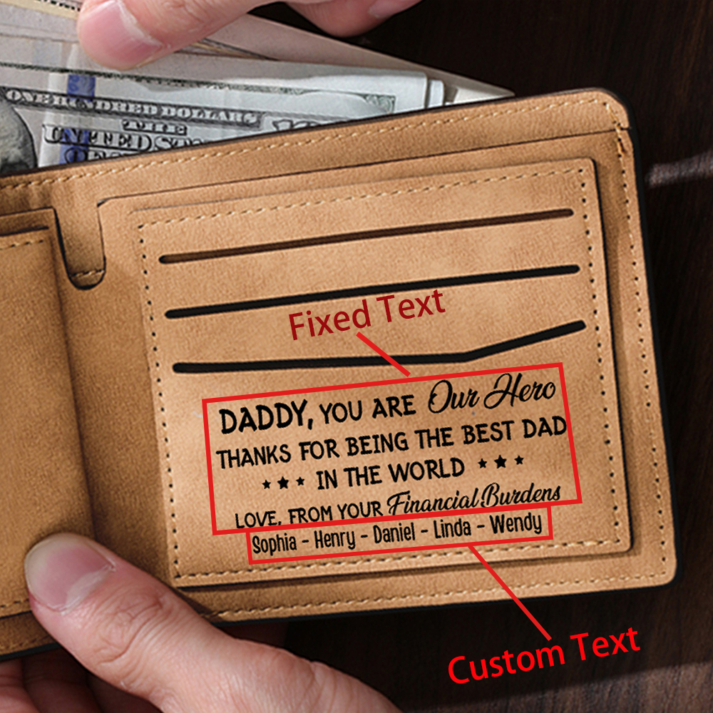 5 Names - Personalised Fist Bump Pattern Custom Text Leather Men's Wallet as a Father's Day Gift for Dad