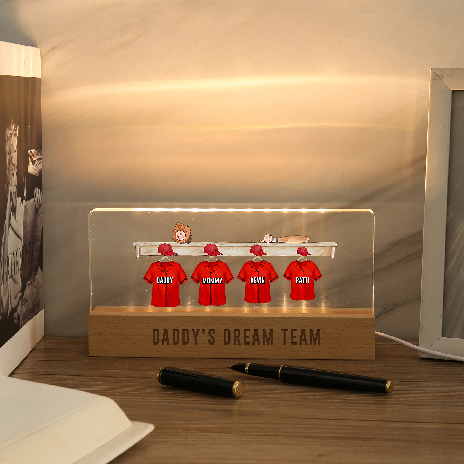 4 Names - Personalised Baseball Jersey Desk Lamp - Dad's Dream Team - Father's Day Gift for Dad