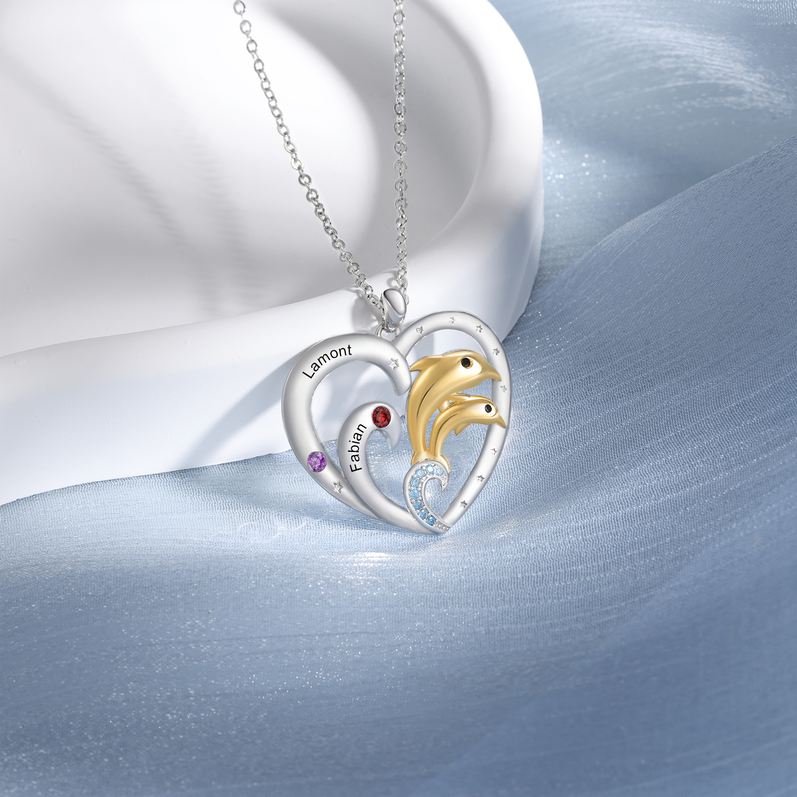 2 Names - Personalised Beautiful Dolphin Heart Necklace with Customized Name and Birthstone Gift for Her