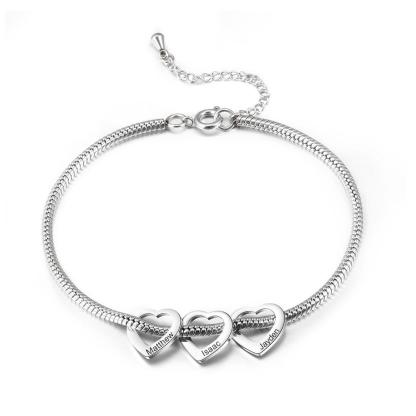 Personalized Love Anklet with 3 Heart Charms Engraved Name Anklet Gifts for Her