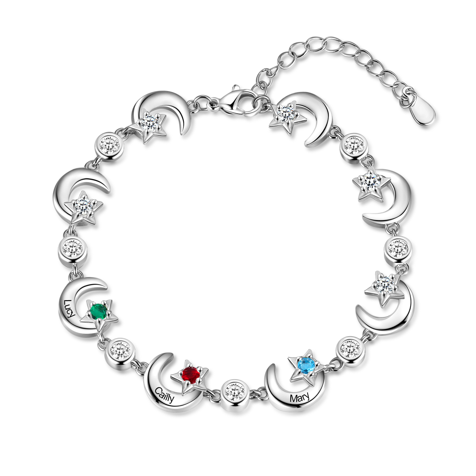 3 Names-Personalised Moons And Stars Bracelet With 3 Birthstones Custom Names Bracelet Gift For Women