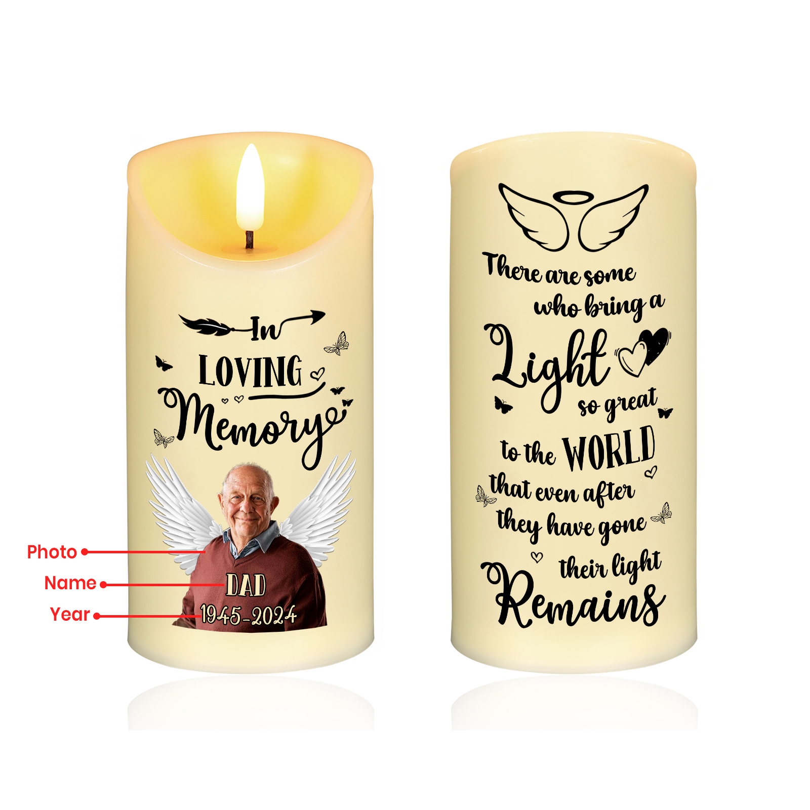 "In Memory Of" Personalised Memorial LED Candle - Custom Photo, Name & Dates Memorial Gift | Jessemade