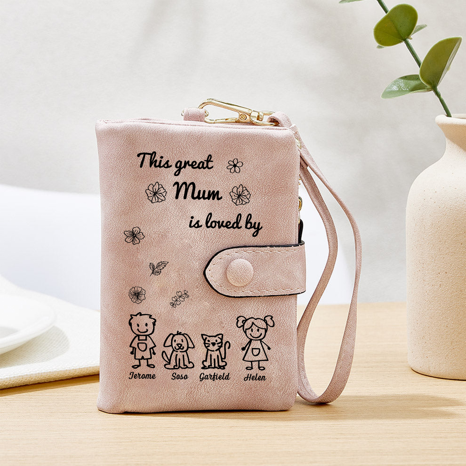 Personalised PU Pink Wallet with 1-6 Names for Mum