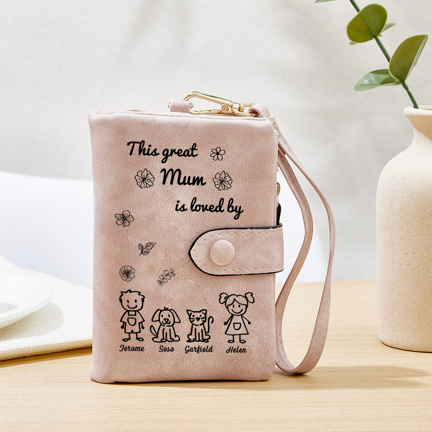 Personalised PU Pink Wallet with 1-6 Names for Mum