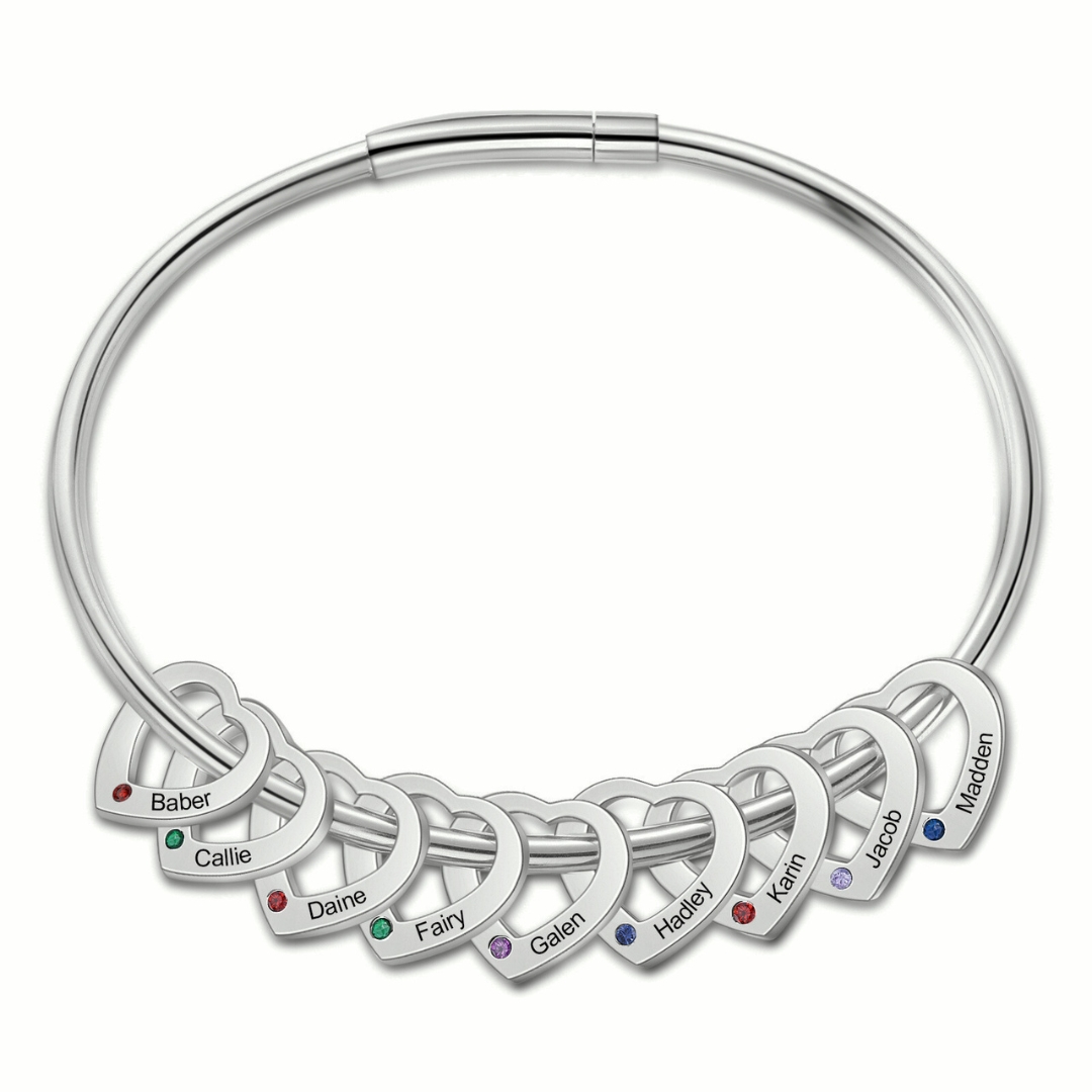 Personalised Women’s Bracelet with Custom 9 Names & Birthstones Heart Bracelet Gift for Her | Jessmade