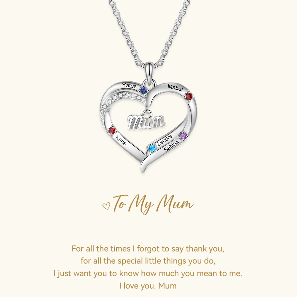 Personalised 2-5 Names Mum Nan Heart Necklace with Birthstones