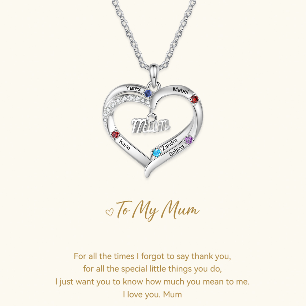 Personalised 2-5 Names Mum Nan Heart Necklace with Birthstones
