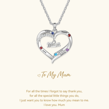 Personalised 2-5 Names Mum Nan Heart Necklace with Birthstones