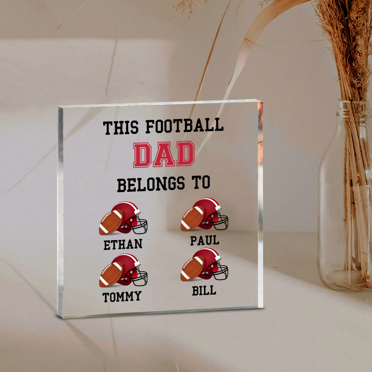4 Names -Personalised Football Acrylic Keepsake Customized Name Acrylic Plaque Ornament Father's Day Gift for Dad