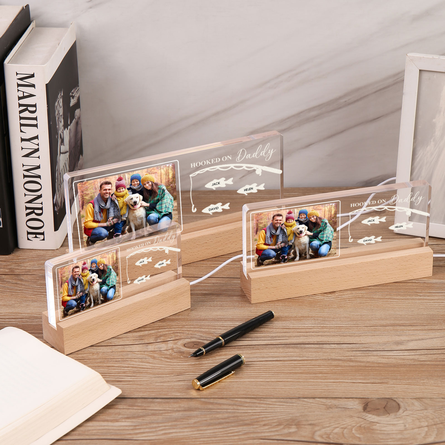 3 Names - Personalised Photo Fishing Pattern Desk Lamp Father's Day Gift For Dad