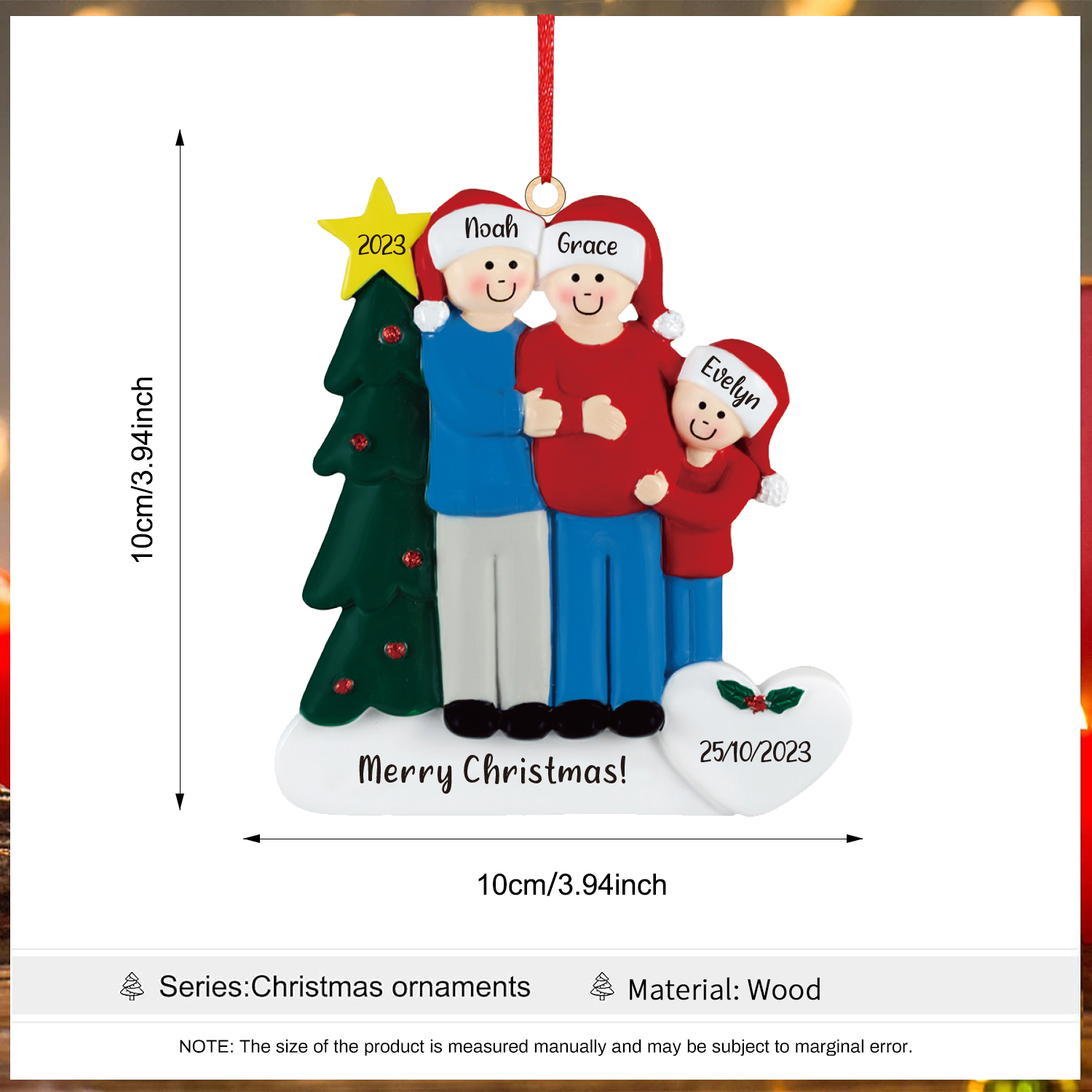 3 Names-Personalised Family Wooden Christmas Xmas Tree Decoration Ornament-Custom 3 Names And Dates Hanging Ornament Gifts For Family