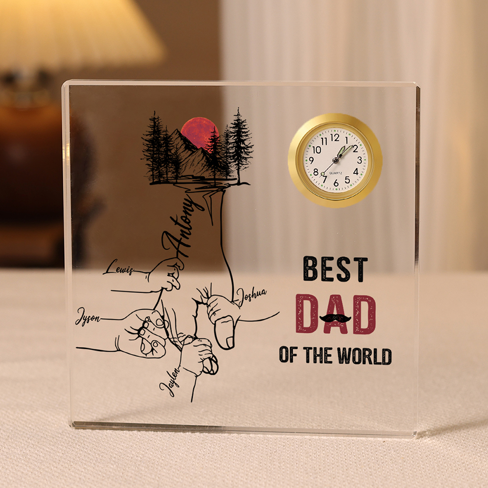5 Names - Personalised Holding Hands Pattern Acrylic Rectangular Clock Ornament Father's Day Gift for Dad