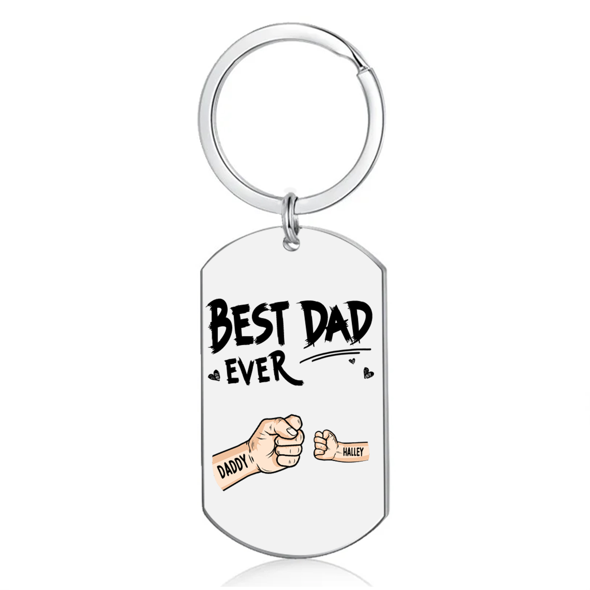 Personalised Best Dad Ever Keyring with 2–6 Names-Stainless Steel Fist-Bump Dog Tag Keychain Gift for Dad